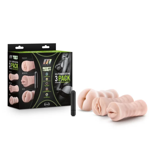 M for Men - 3-Pack Self-Lubricating Vibrating  Stroker Sleeve Kit - Vanilla