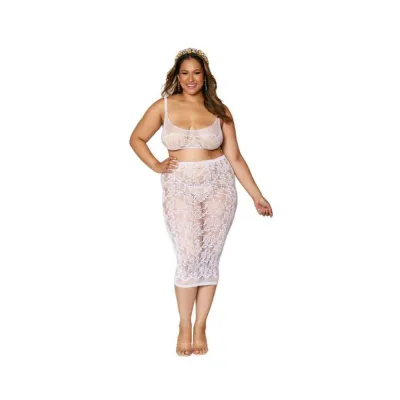 Dreamgirl Lace Fishnet Bralette Slip Skirt White Queen Size