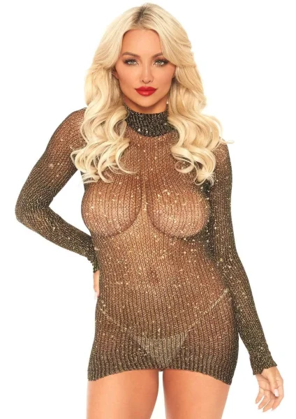 Lurex Long Sleeved High Neck Fishnet Dress - One Size - Black- Gold