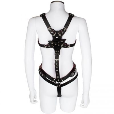 Bondara Black Faux Leather Red Suede Chastity Body Harness