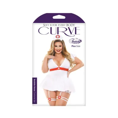 Curve Bedside Nurse Costume Set Dress With Tie Back Gartered Panty And Medic Hat White 3x 4x
