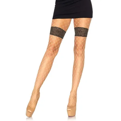Diamond Net Tights With Faux Thigh Garter and Floral Waistband One Size Nude