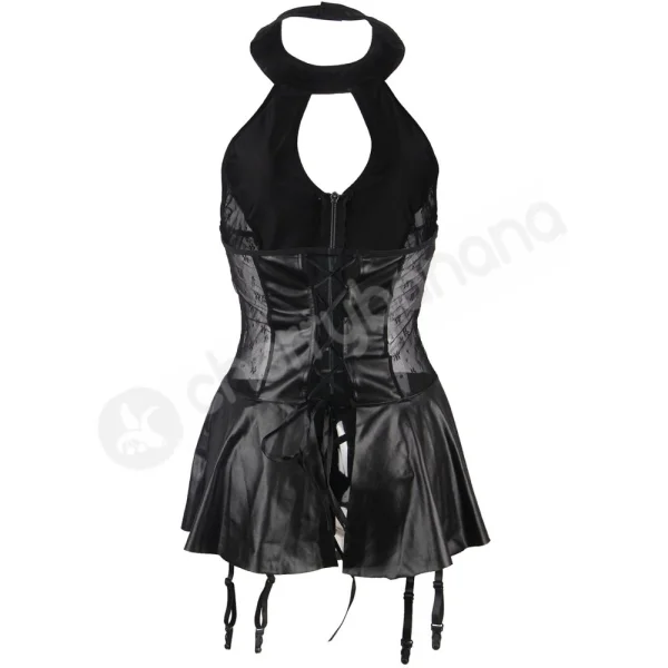 Cherry Banana Black Faux Leather Dress With Zipper Front & Tie-up Back