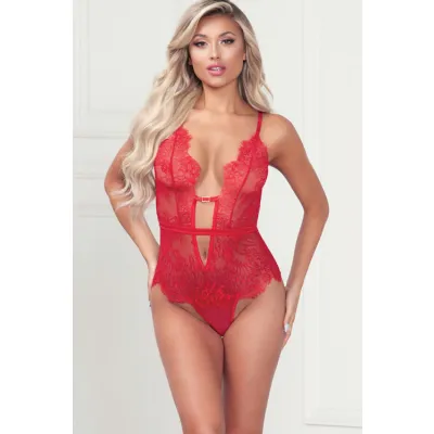 Eyelash Kisses Red Lace Teddy with Satin Ribbon Belt Detail By Seven Til Midnight