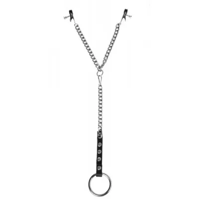 Nipple Clamps And Cock Ring Leather Steel Set