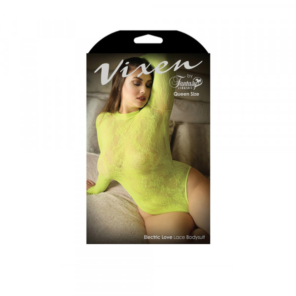 Vixen Electric Love Long Sleeve Lace Bodysuit Neon Yellow Queen