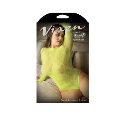 Vixen Electric Love Long Sleeve Lace Bodysuit Neon Yellow Queen