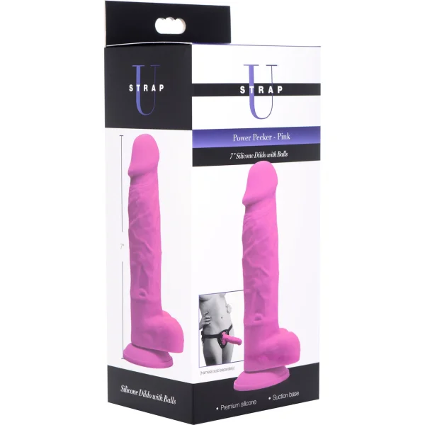 Strap U Power Pecker 7" Silicone Suction Cup Dildo With Balls - Pink