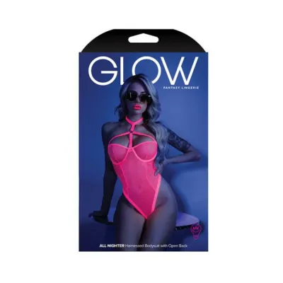 Glow All Nighter Harnessed Mesh Bodysuit Neon Pink M l
