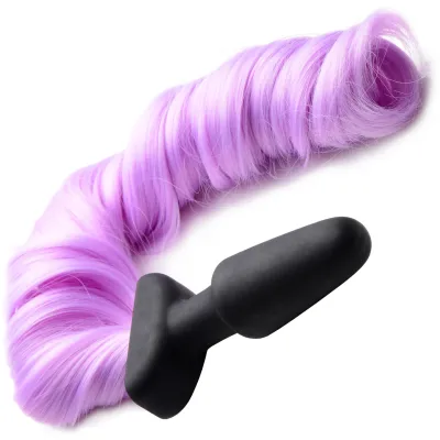 Tailz Black Silicone Anal Plug With Purple Pony Faux Fur Tail