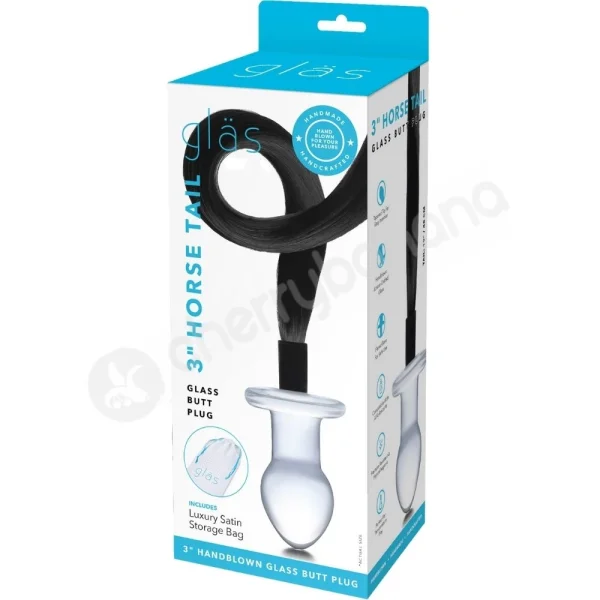 Glas 2.5" Black Horse Tail Clear Glass Butt Plug