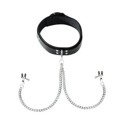 Black Leather Collar With Broad Tip Nipple Clamps