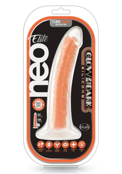 Neo Elite Glow In The Dark 7.5" Dual Density Realistic Silicone Dildo by Blush - Neon Orange