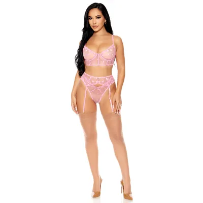 Forplay Heartbeat Harmony 3 Piece Pink Embroidered Bra Set with Garter Belt Panty