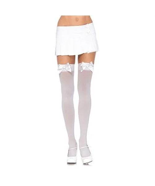 Satin Bow Opaque Thigh Highs - Queen Size - White