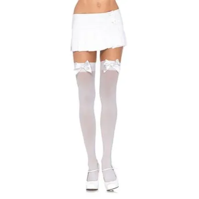Satin Bow Opaque Thigh Highs Queen Size White