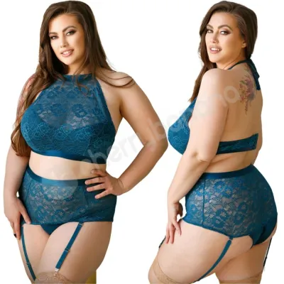 Curve Teal Halter Top High Waist Crotchless Panty 3X 4X