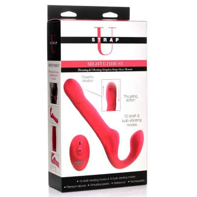 Mighty Thrust Thrusting and Vibrating Strapless Strap on With Remote Pink