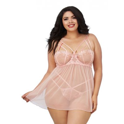 Dreamgirl 1X Pink Champagne Opalescent Mesh and Embroidered Lace Chemise