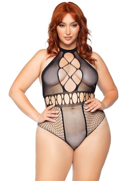 Multi Net Halter Bodysuit - 1x-2x - Black