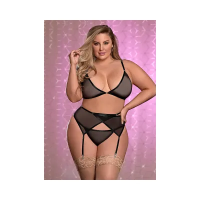 Ms Sheer Mesh Bra Garter Panty Blk 1 Size Queen