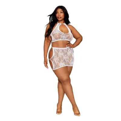 Lace Bralette and Mini Skirt Set Queen Size White