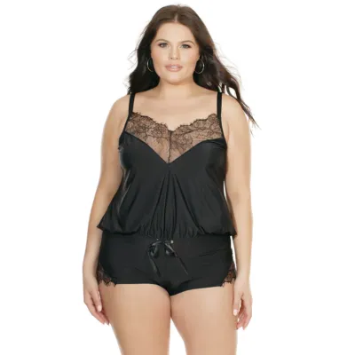 Plus Size Smooth Satin Romper With Lace Applique