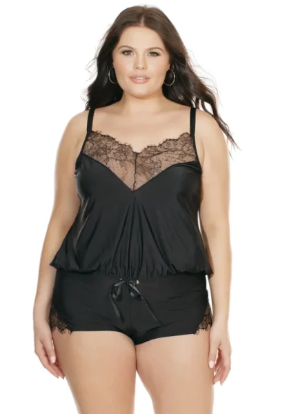 Plus Size Smooth Satin Romper With Lace Applique