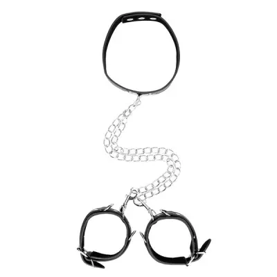 Ouch Black White Bonded Leather Collar and Wrist Cuff
