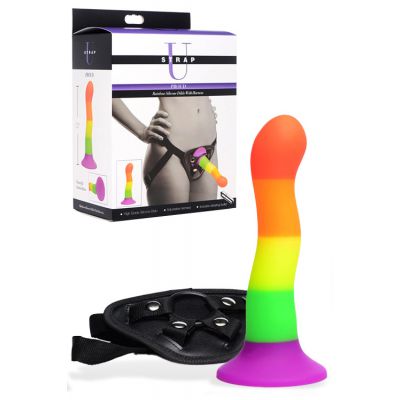Strap U Pride Rainbow Silicone Dildo with Harness Vibrating Bullet