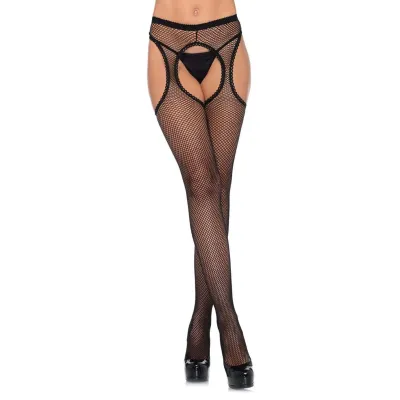 Fishnet Suspender Hose With Scalloped Trim One Size Black