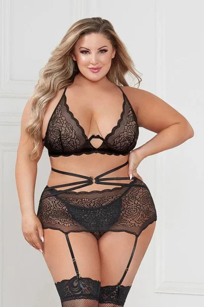 Three Piece Floral Lace Bra, Skirt, and G-String Set - Queen - Black