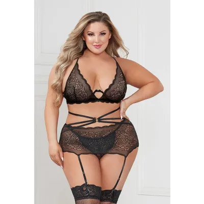 Three Piece Floral Lace Bra Skirt and G String Set Queen Black