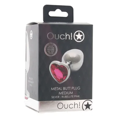 Shots Ouch Heart Gem Butt Plug Medium Silver Rubellite Pink