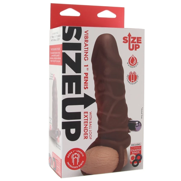 Size Up Silicone Vibrating 1 Inch Realistic Penis Extender With Ball Loop - Chocolate