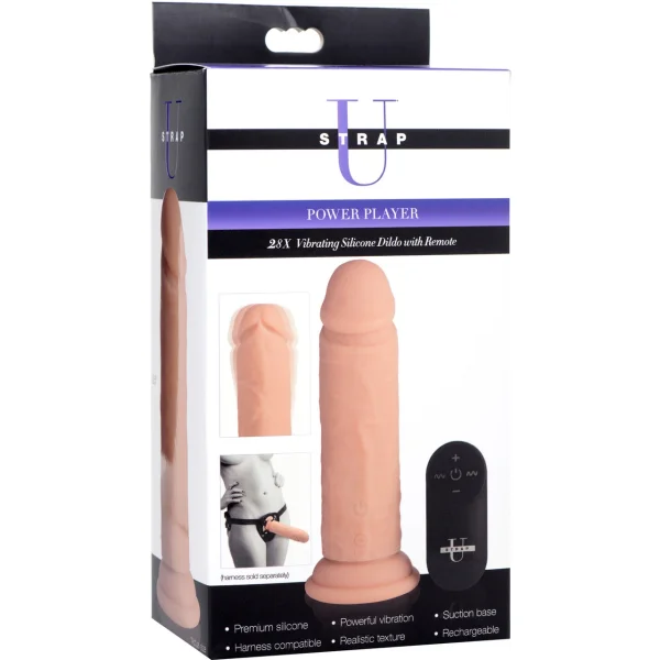 Strap U Power Player 28X Vibrating Rechargeable 6.5" Silicone Dildo With Remote - Vanilla