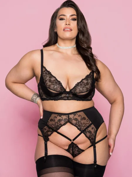 Lovehoney Plus Size Lotus Black Sheer Embroidered Bra Set