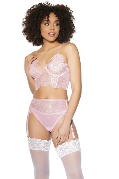 Pink Lace Bra, Garter & Adjustable Thong Set
