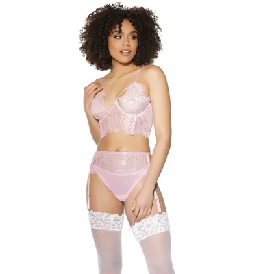 Pink Lace Bra Garter Adjustable Thong Set