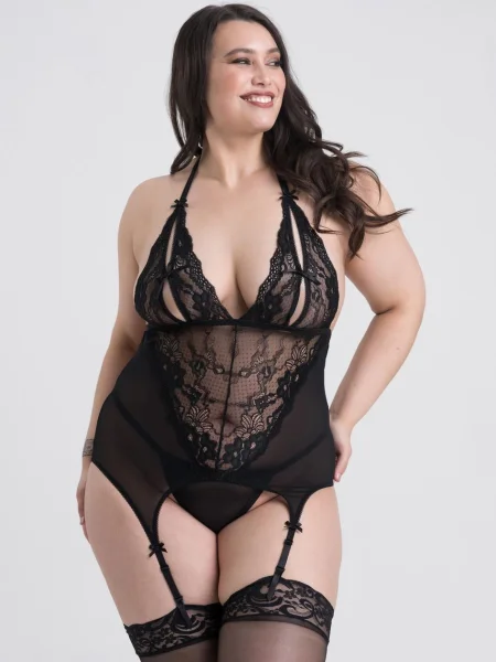 Lovehoney Plus Size Black Peek-A-Boo Merry Widow Bustier Set 