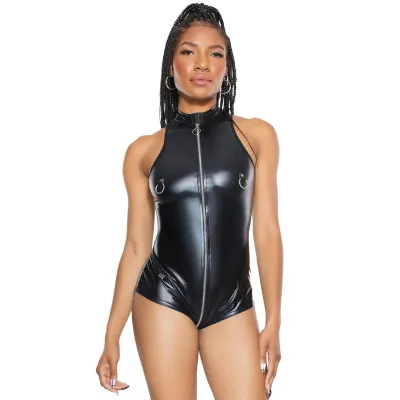 Coquette Black Zip Front Wet Look Body with Metal Ring Details
