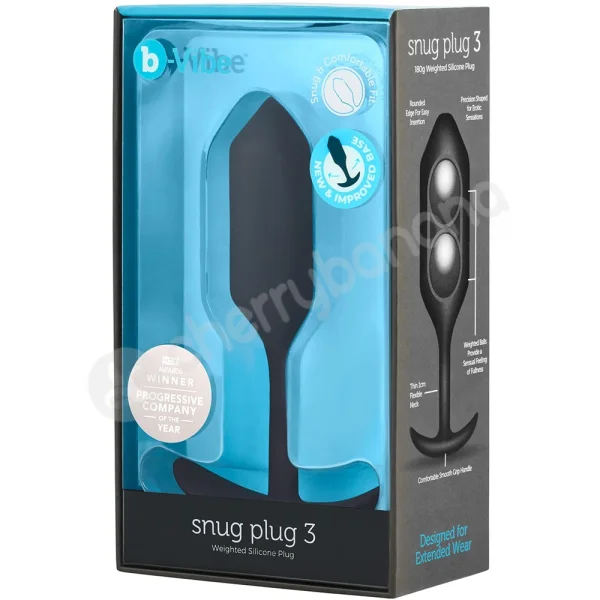B-vibe Snug Plug 3 Black 5.1" Silicone Weighted Wearable Butt Plug