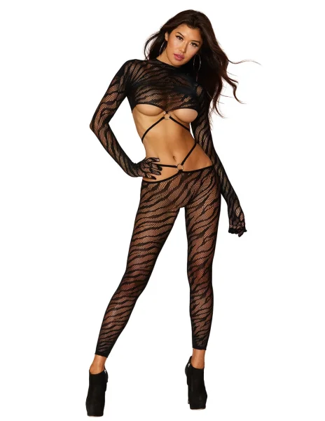 Dreamgirl Long Sleeve Gloved Zebra Crop Top Bodystocking Set