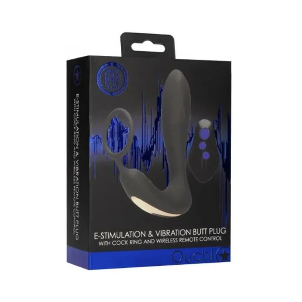 E-stim & Vibrating Butt Plug And Cock Ring And Wireless Remote Black