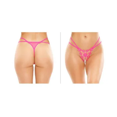 Aster Crotchless Strappy Flower Pearl Thong Pink S m