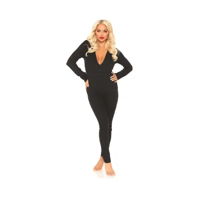 Cozy Brushed Rib Long Johns With Cheeky Snap Closure Back Flap Black Med lge
