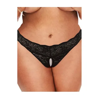 Secret Kisses Lace And Pearls Crotchless Thong Black Os xl