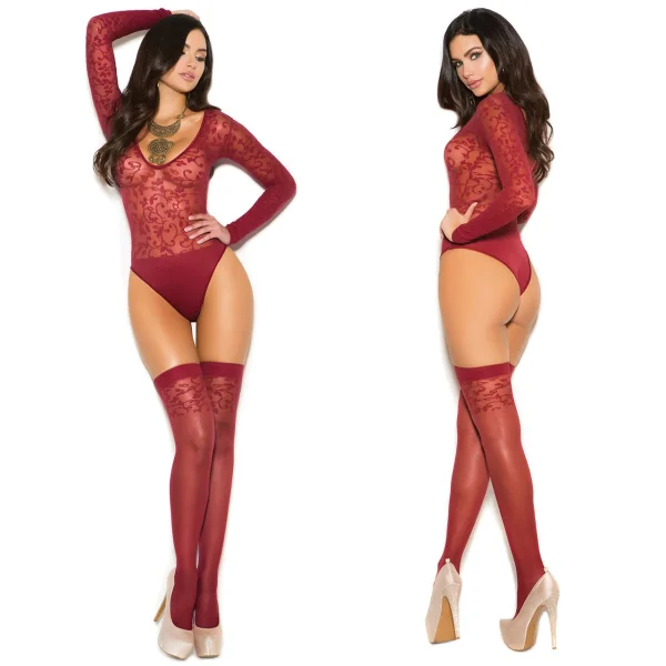 Elegant Moments Sheer Teddy with Matching Stockings - Burgundy