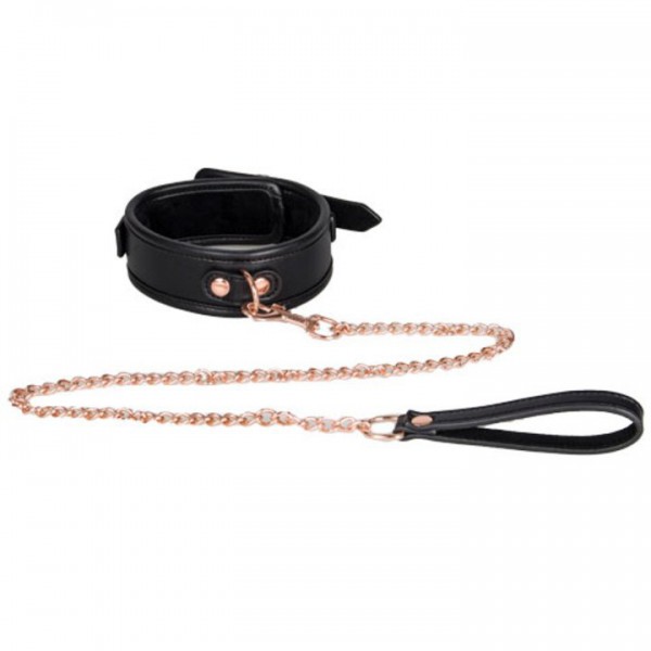 Bondara Black Faux Leather Collar with Rose Gold Leash