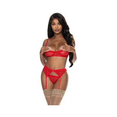 Magic Silk Ooh La Lace Demi Bra Garter Tanga Set Red L xl